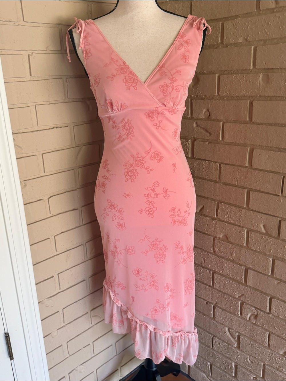 Vintage Y2K Pink Coquette Floral Shimmer Asymmetric Ruffle Hem Midi Dress Fairy